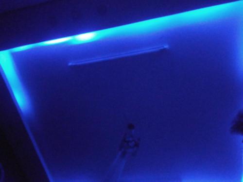 ein blaues Licht in einem Zimmer mit einer Person in der Unterkunft Camp M & M 