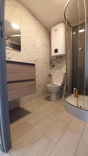 een badkamer met een toilet en een glazen douche bij Maisonnette entière et privée, 600m de la gare in Margny-lès-Compiègne