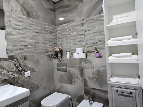 a bathroom with a toilet and a sink at Apartment Dendrarium Residence in Chişinău