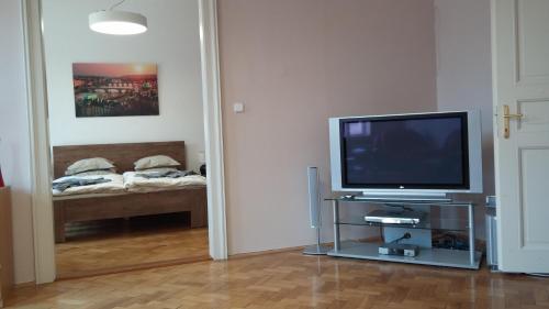 sala de estar con TV de pantalla plana en un soporte en Apartment Balbínova, en Praga