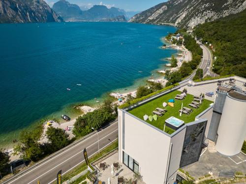 an aerial view of the lake and the mountains at Wind Hotel in Malcesine