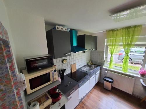 uma cozinha com um lavatório, um micro-ondas e uma janela em 2 Bedroom Apartment with Terrace & Beautiful View em Vöhrenbach