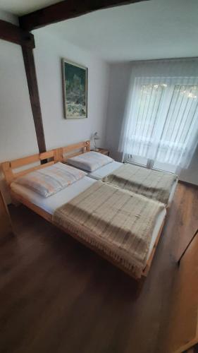 a bedroom with two beds and a window at Apartament Pod Dębem in Żarnowska