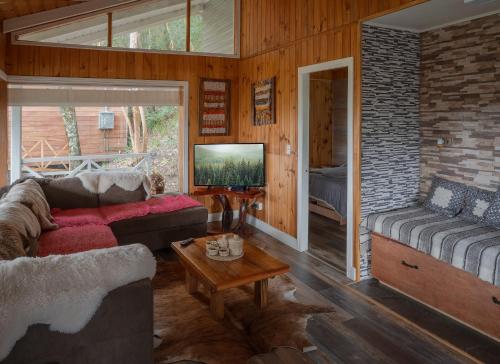 uma sala de estar com um sofá e uma televisão em Cabaña puerto varas, a orillas del Lago LLanquihue em Puerto Varas
