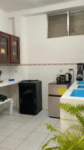 uma cozinha com uma placa de fogão e forno. em Amavi em Flores