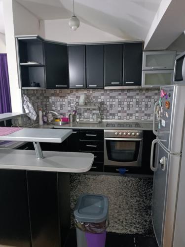 kuchnia z czarnymi szafkami i lodówką ze stali nierdzewnej w obiekcie SKY APARTMENTS w mieście Kumanowo