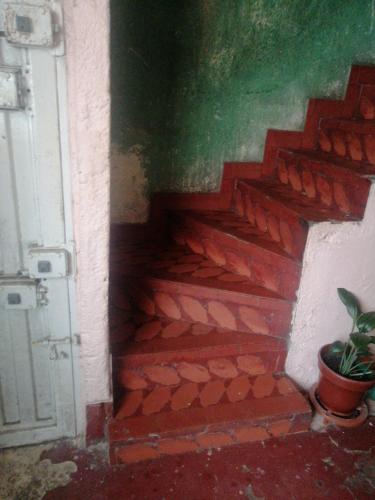 a red staircase with a potted plant next to a door at Casa familiar in El Apogeo