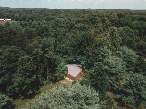 an overhead view of a house in the middle of a forest at Great Frontier Cabin at American Heartland Cabins in Rockbridge