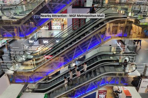 an overhead view of escalators in a shopping mall at Capital O 7302 The Huespedes in Gurgaon