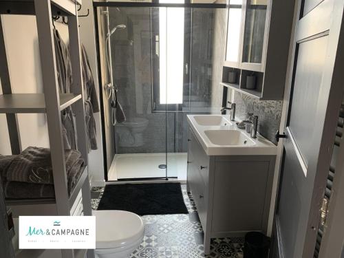 une salle de bain avec une douche, des toilettes et un lavabo dans l'établissement Maison rénovée 10 pers à Fort-Mahon-Plage, à 150m de la plage - FR-1-482-84, à Fort-Mahon-Plage