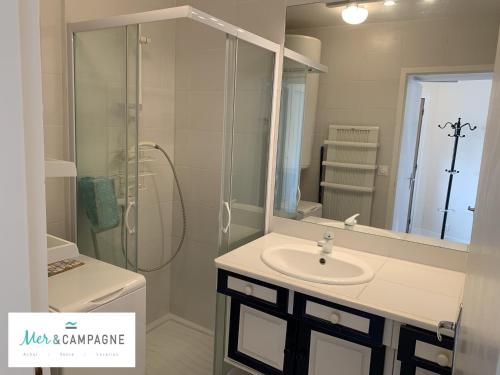 une salle de bain avec un lavabo et une douche avec un miroir dans l'établissement Appartement rénové avec garage privé, balcon et vue mer - FR-1-482-87, à Fort-Mahon-Plage