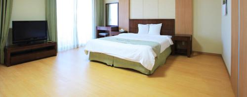 a bedroom with a bed and a flat screen tv at Beache Palace in Boryeong