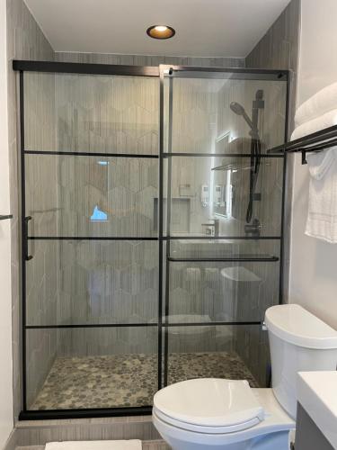 a bathroom with a shower and a toilet at Hotel Koxie in Los Angeles