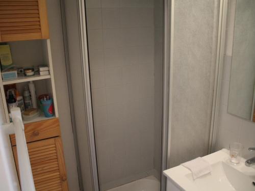 une salle de bain avec une douche, des toilettes et un lavabo dans l'établissement Studio cosy à Valloire, 4 pers, proche remontées & centres, balcon, parking - FR-1-263-525, à Valloire