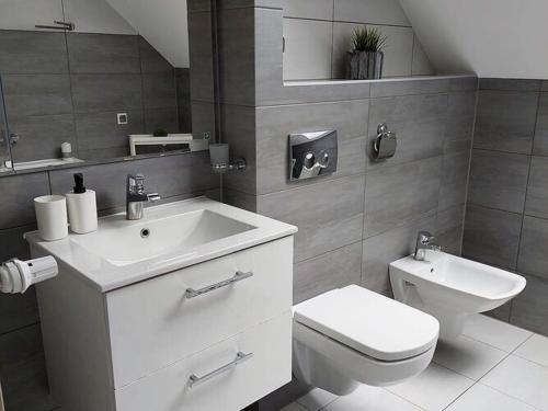 a bathroom with a white sink and a toilet at Apartment in Stepnica near Szczecin Lagoon in Stepnica
