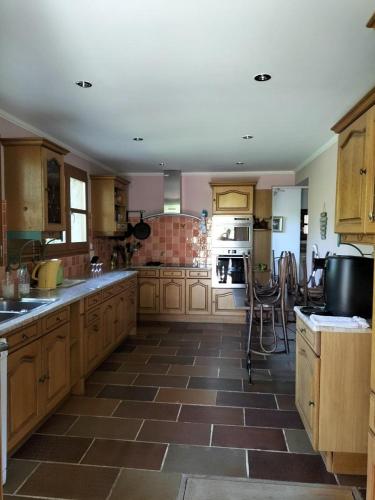 Il comprend une grande cuisine avec des placards en bois et du carrelage. dans l'établissement Le pre des huppes, à Salernes