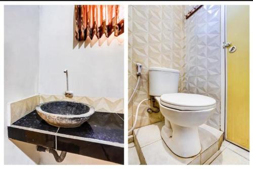 two pictures of a bathroom with a toilet and a sink at Pondok Inap Shofwa in Sedati