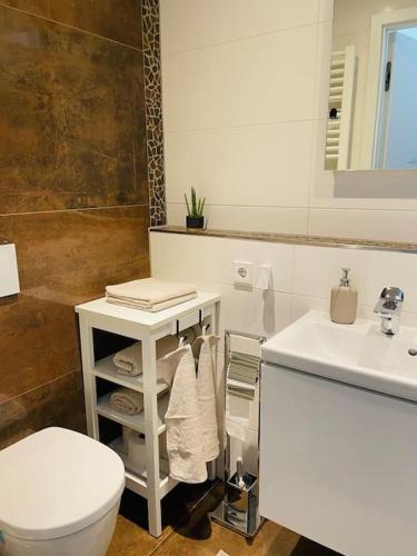 a bathroom with a white toilet and a sink at Traumvilla im Herzen Hainichens in Hainichen