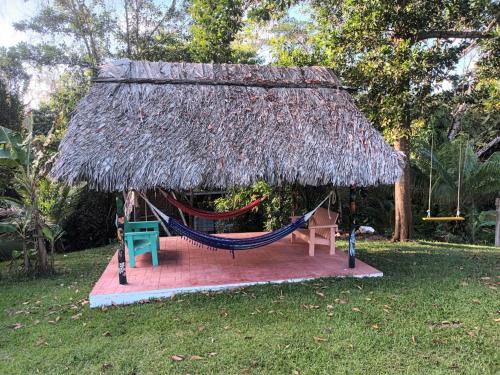 a gazebo with a hammock and a grass roof at Finca Agroturistica Villaverde in Nuevo Chagres