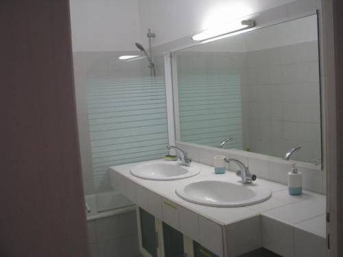 Un baño con dos lavabos y un espejo grande. en Maison la Soleiade, en Carcassonne