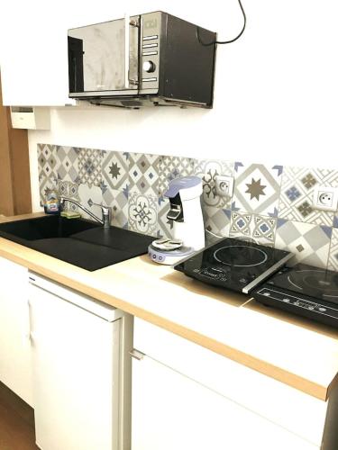 W kuchni znajduje się umywalka i kuchenka mikrofalowa. w obiekcie lodge w mieście Pont-sur-Seine