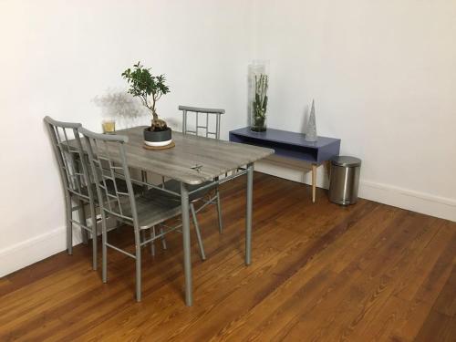 una mesa de comedor con sillas y una planta en lodge, en Pont-sur-Seine
