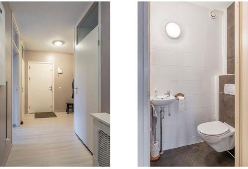 twee afbeeldingen van een badkamer met toilet en wastafel bij Rotterdam City Center in Rotterdam