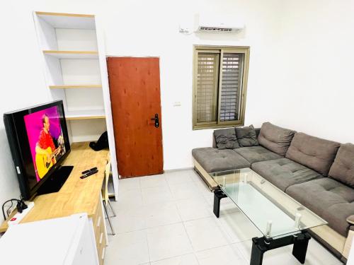 a living room with a couch and a tv at КВАРТИРА С ДВОРИКОМ! in Haifa