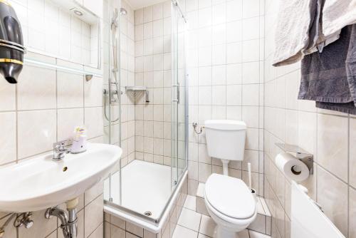 La salle de bains est pourvue de toilettes, d'un lavabo et d'une douche. dans l'établissement Pension & Gaststätte Zur Salzgrube, à Sondershausen