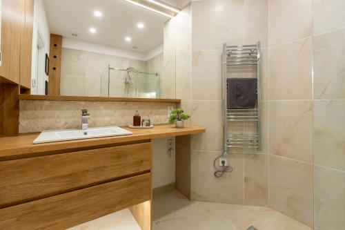 uma casa de banho com um lavatório e um chuveiro em Exclusive Dohany Apartment With Balcony next to the New York Café em Budapeste