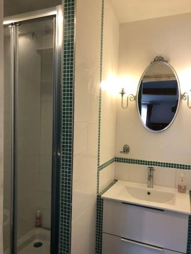 La salle de bains est pourvue d'une douche, d'un lavabo et d'un miroir. dans l'établissement Appartement avec terrasse., à Apt