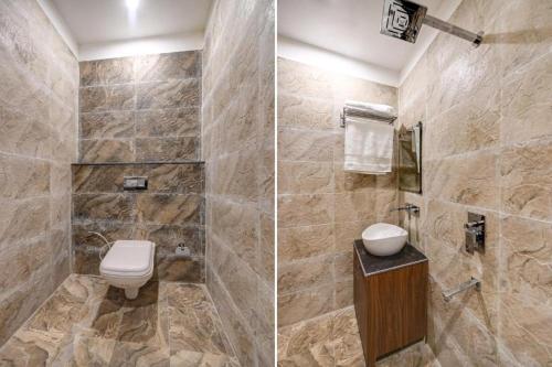 two pictures of a bathroom with a toilet and a shower at Hotel JB Residency !! Luxurious & Royal Balcony Rooms !! Large Rooms in Zirakpur