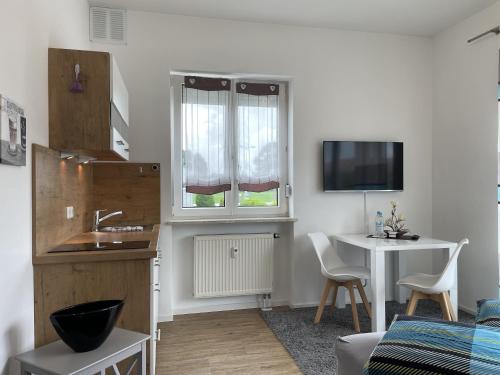 a living room with a sink and a table at Festl Apartments - Nähe Messe München, Therme Erding in Forstern