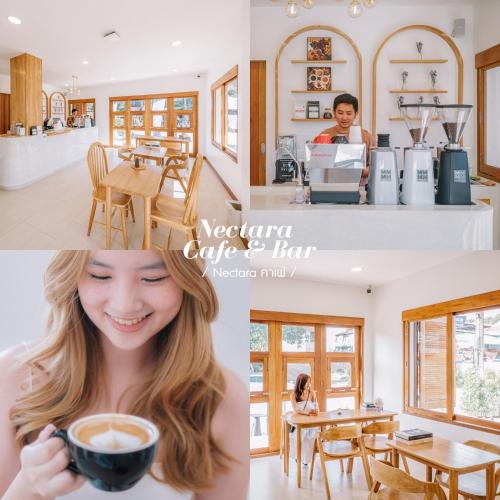 a young girl smiling while holding a cup of coffee at 108 Villa @ PongYang in Chiang Mai