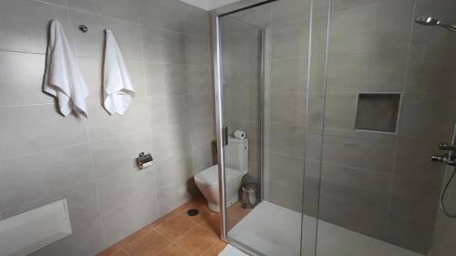 a bathroom with a glass shower with a toilet at Villa Tingafa in Yaiza
