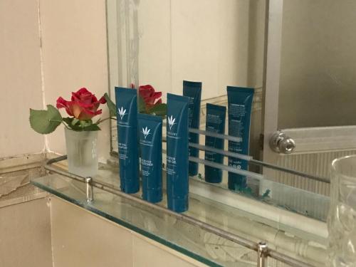 a row of blue awards on a shelf in a bathroom at 105 Láng Hạ in Hanoi