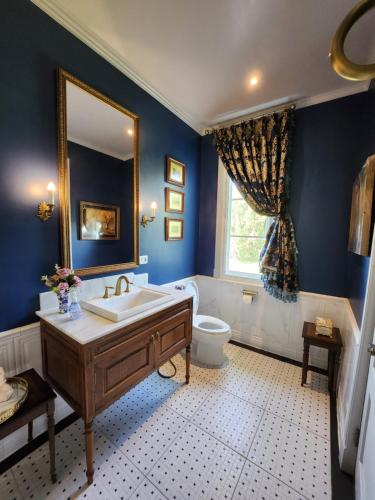 a bathroom with a sink and a toilet and a mirror at La Campagne Villa Chiangmai in Chiang Mai