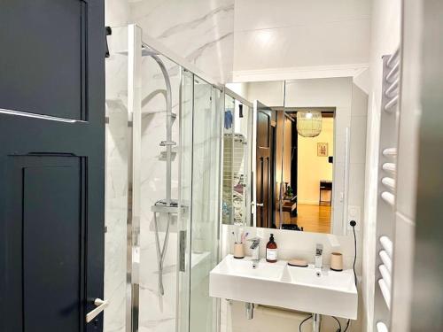 une salle de bain avec une douche en verre et un lavabo dans l'établissement The Gallery - HyperCentre Reims, à Reims