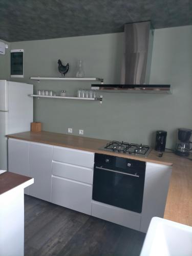 a kitchen with a stove and a counter top at Appartement tout confort in Guipry-Messac