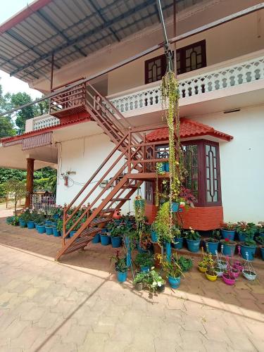 a house with a staircase and a bunch of potted plants at Shivalaya Homestay in Madikeri