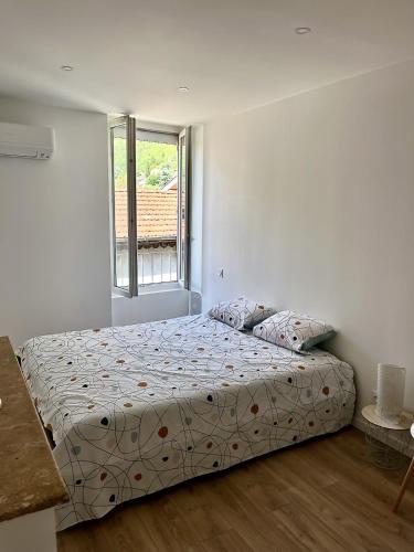 une chambre avec un lit et une fenêtre dans l'établissement Emma CLIM Proche Hôpital, à La Tronche