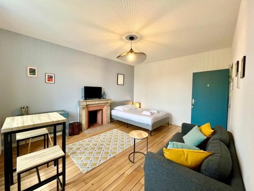 un salon avec un canapé et une cheminée dans l'établissement Suite Clovis 6, à Reims