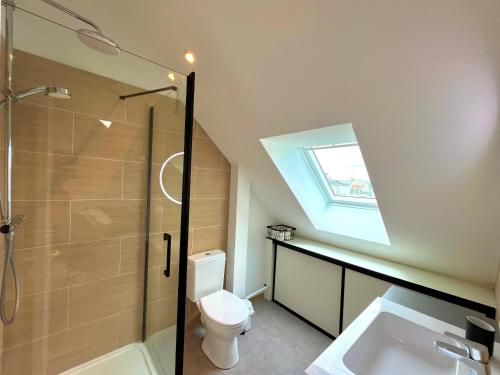 een badkamer met een douche, een toilet en een wastafel bij Suite Clovis 7 in Reims