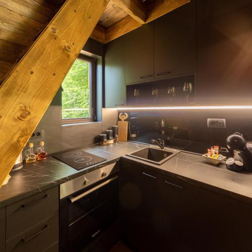a kitchen with a sink and a stove top oven at Woodland Brezna in Plužine