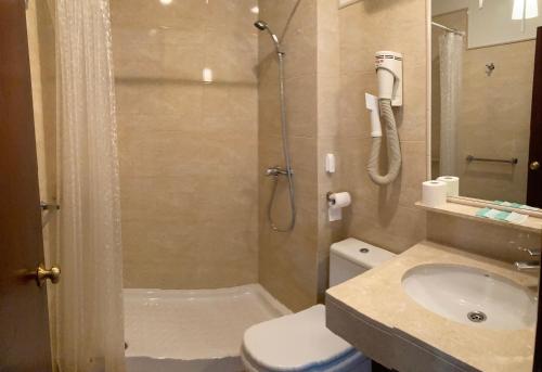 a bathroom with a shower and a toilet and a sink at Pensión La Palma in El Puerto de Santa María