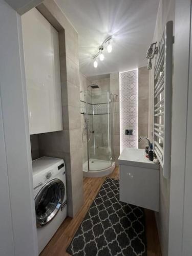a bathroom with a washing machine and a sink at Walenty Kraków in Kraków