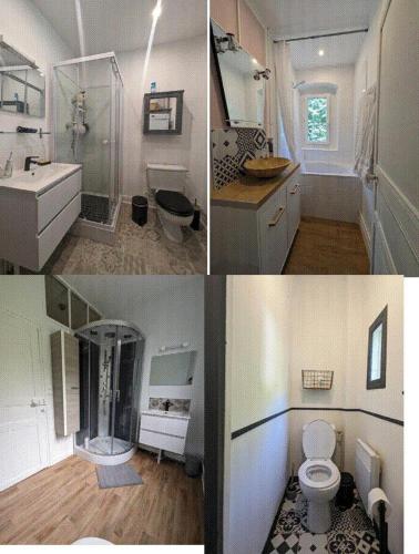 Trois photos d'une salle de bains avec toilettes et lavabo dans l'établissement Maison des années 30 - Vic-Sur-Cère - 14 personnes, à Vic-sur-Cère