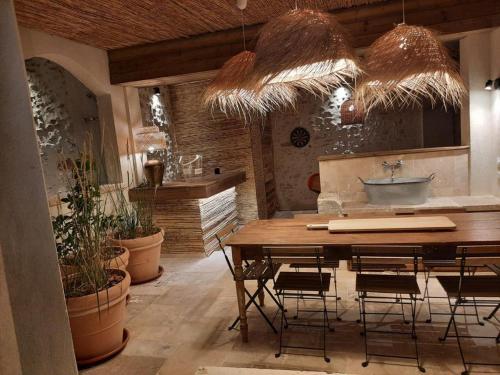 ヴァルレアスにあるDrome provençale maison familiale calme dans villageのダイニングルーム(テーブル、鉢植えの植物付)
