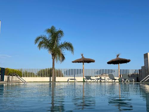 einen Pool mit Stühlen und Sonnenschirmen in der Unterkunft Luxury Apartment Turquesa Del Mar in Alicante