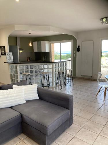 un salon avec un canapé et une cuisine dans l'établissement Au Jardin de Papy, à Véranne